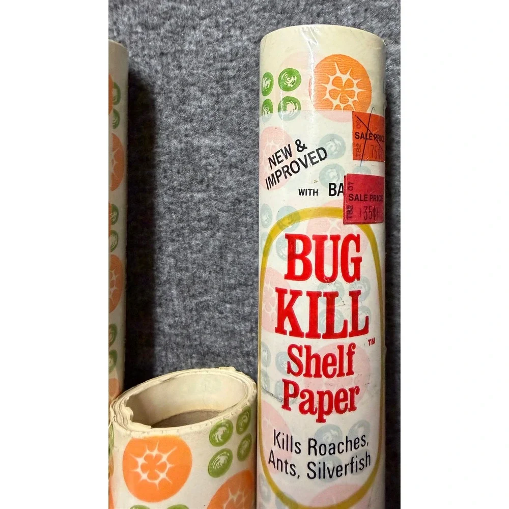 Vintage Bug Kill Shelf Paper by Rave Baygon Treated 5 Rolls Orange Green Floral